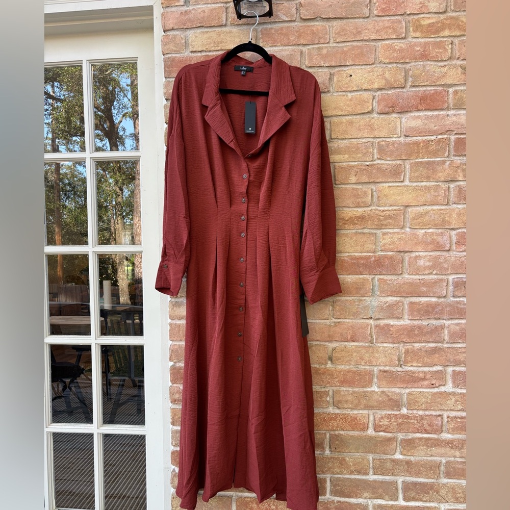 Lulu's Timeless Class Rust Collared Button-Up Pleated Midi Dress